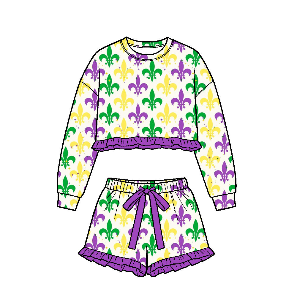 preorder GLS0257 Mardi Gras Long Sleeve Shorts Girls Set