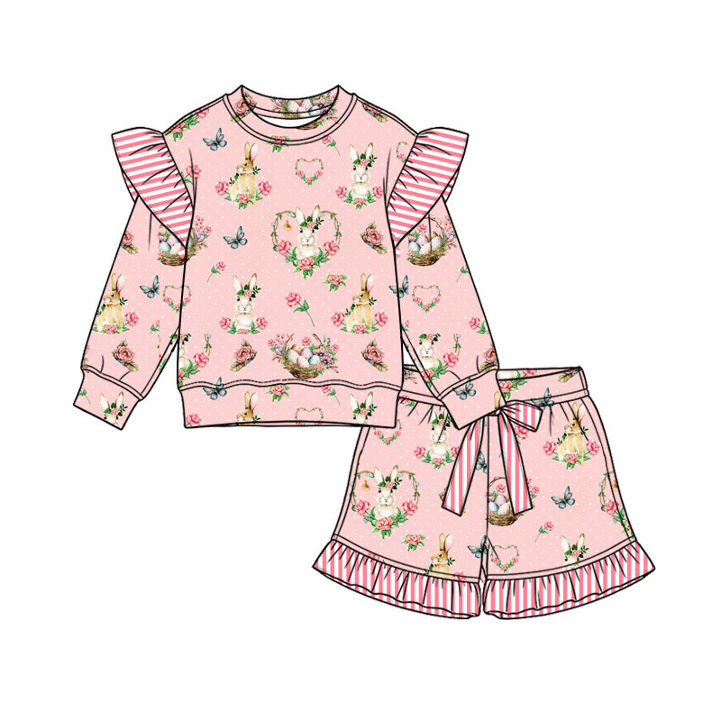 preorder GLS0270 Easter Rabbit Flowers Pink Long Sleeve Shorts Girls Set