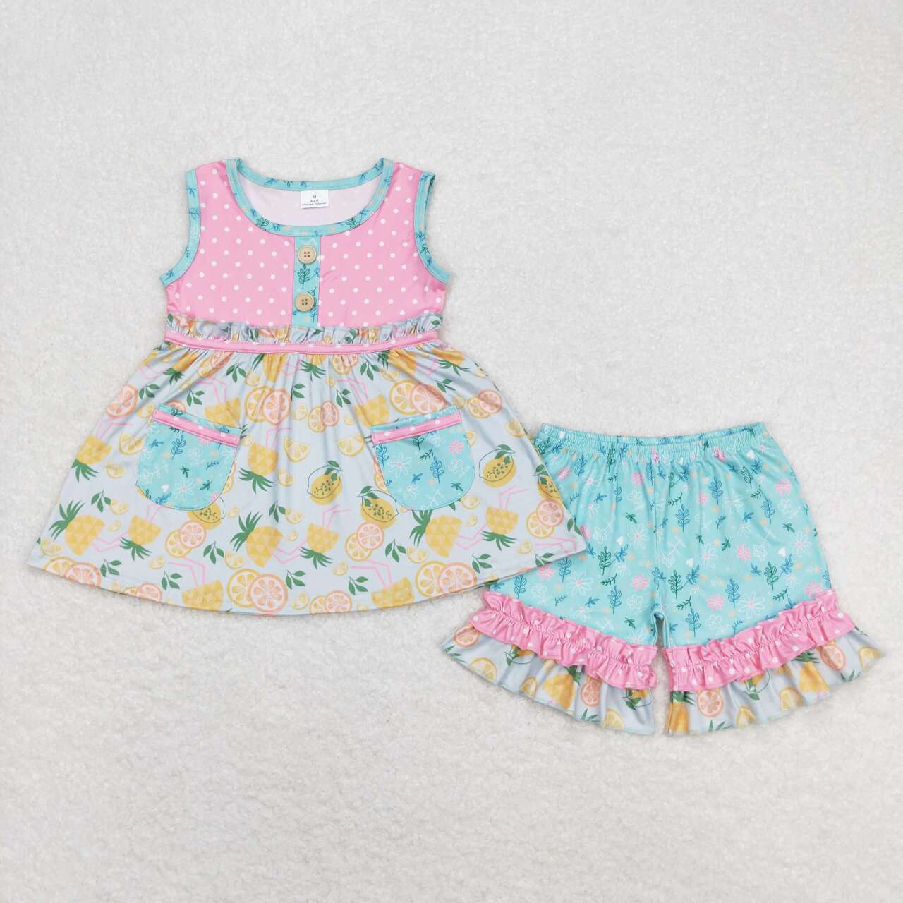 GSSO0783 lemon pineapple blue pockets pink sleeveless shorts girls set