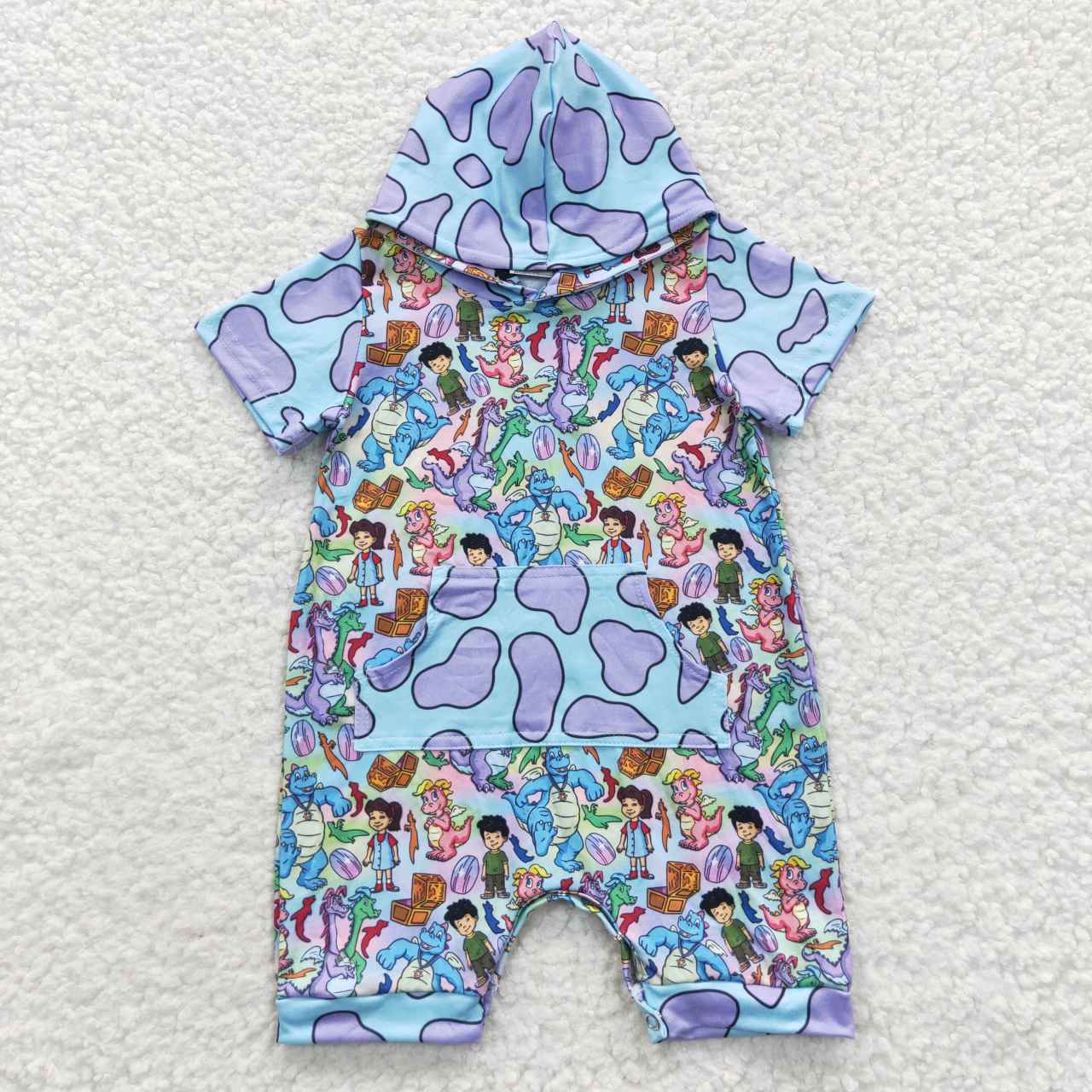 SR0405 Cartoon Dinosaur Pocket Short Sleeves Hoodie Romper