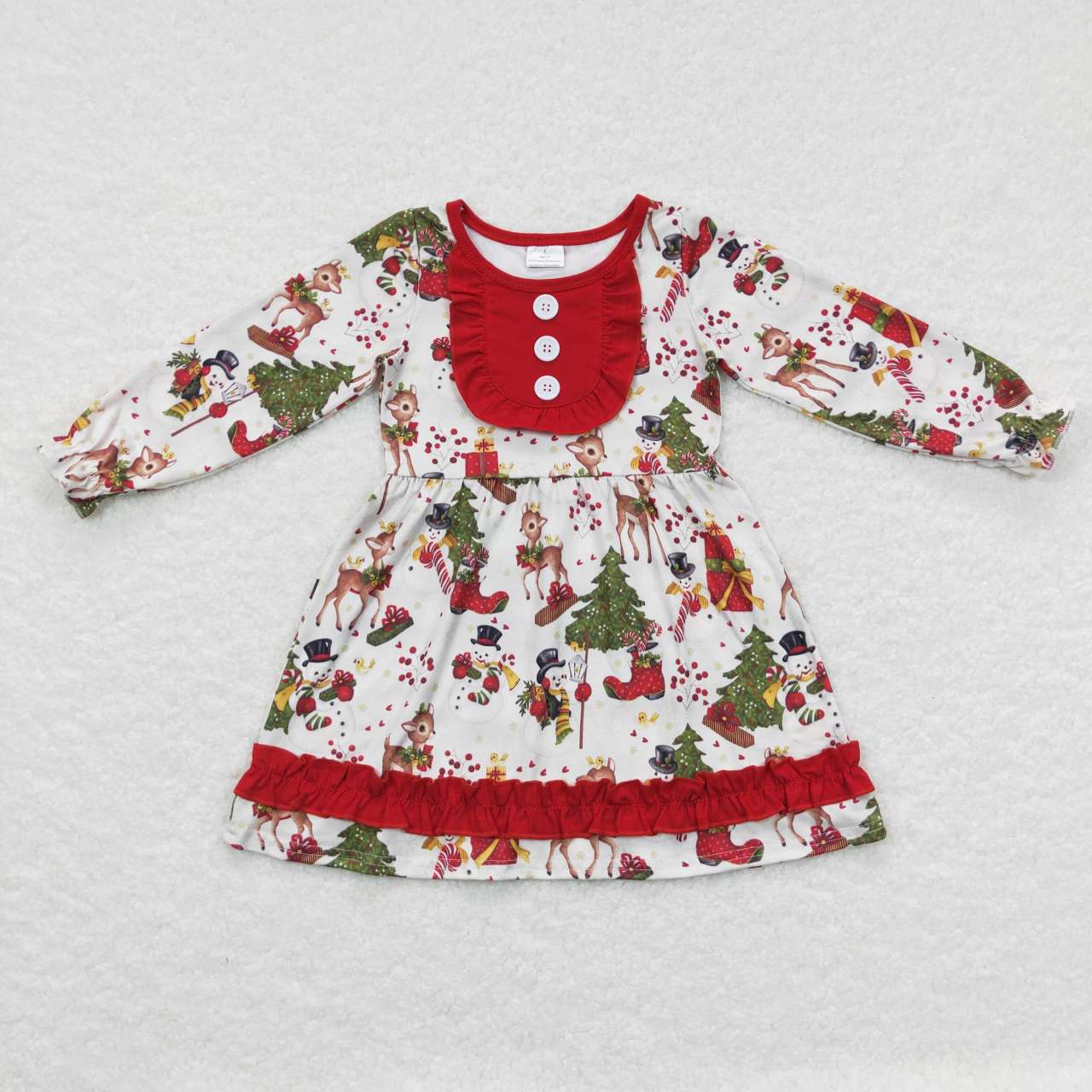 GLD0292 Christmas Deer Snowman Long Sleeve Girls Dress
