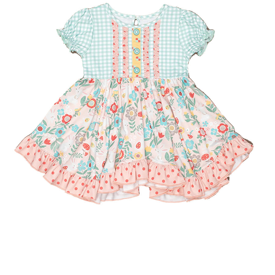 preorder GSD0490 Green checkered colorful flowers short sleeve girls dress