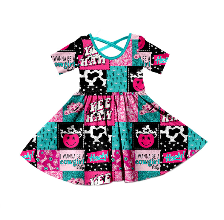 preorder GSD0520 I wanna be a cowgirl hot pink short sleeve girls dress