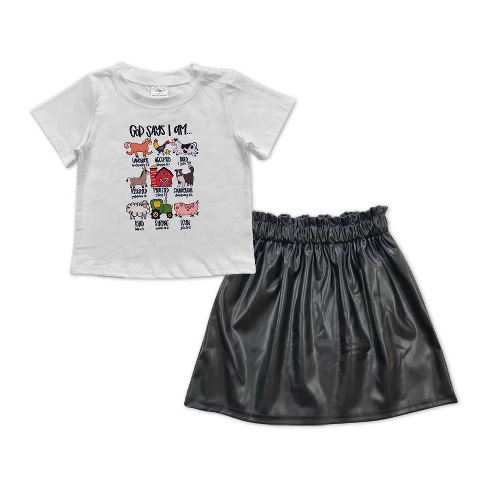 GSD0521 Farm animals short sleeve black leather skirt girls set
