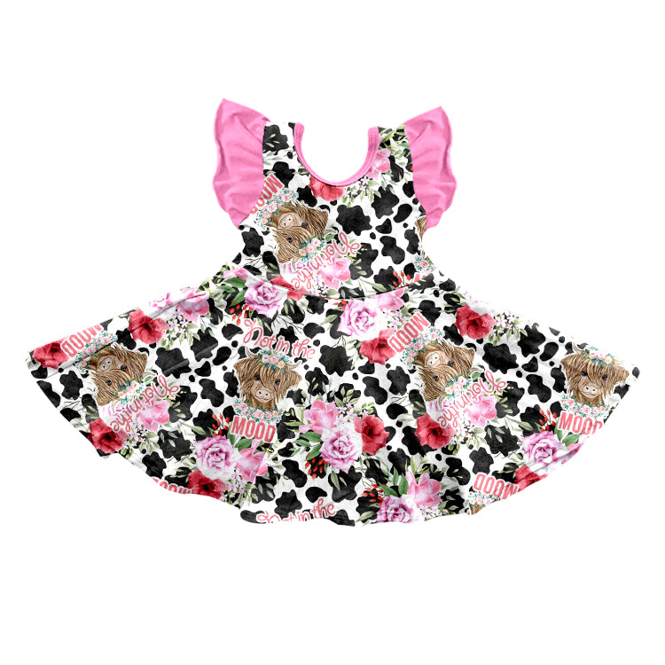 preorder GSD0528 Highland cow flowers cow print flutter sleeve girls dress