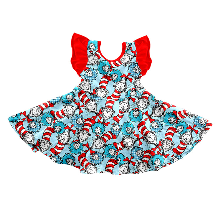 preorder GSD0560 Cartoon dr red blue flutter sleeve girls dress