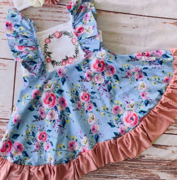 preorder GSD0565 Hot pink flowers blue flutter sleeve girls dress