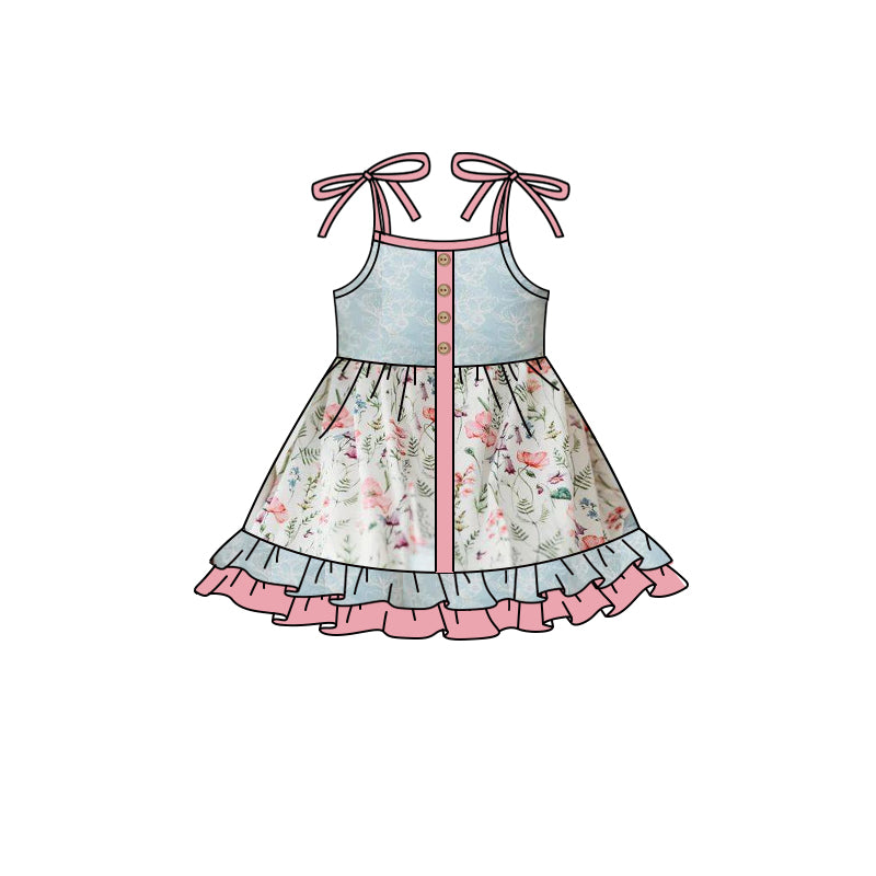 preorder GSD0602 Flowers blue ruffles sleeveless girls dress