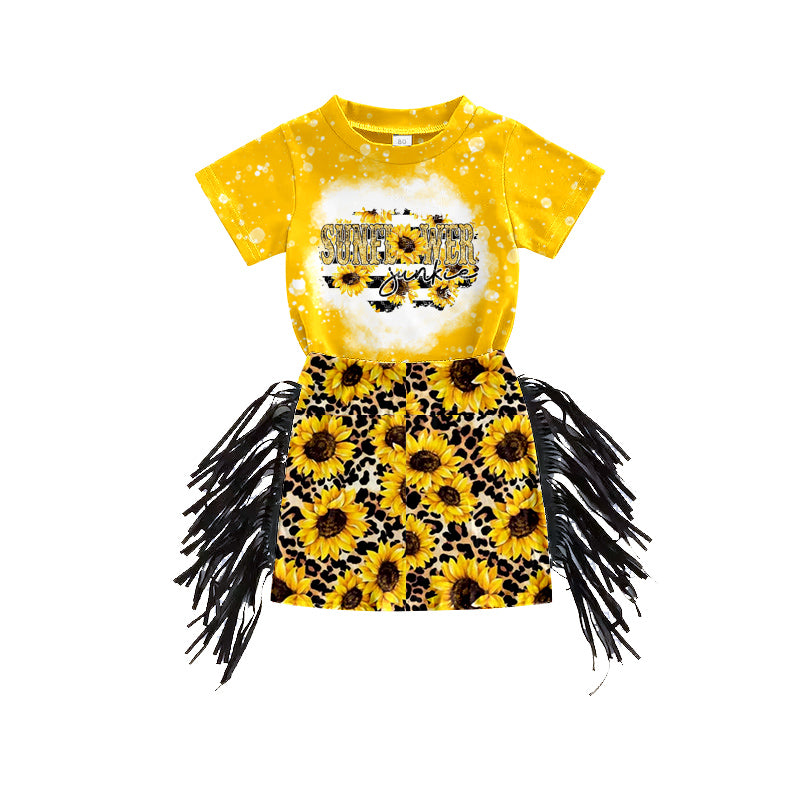 preorder GSD0606 Sunflower yellow short sleeve leopard tassels skirt girls set