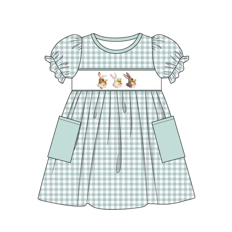 preorder GSD0620 Easter carrot rabbit green checkered pockets short sleeve girls dress