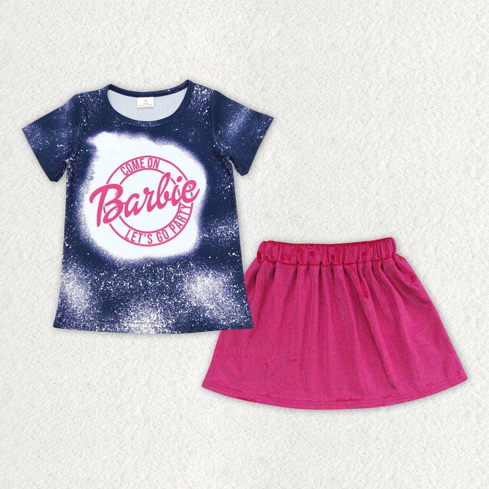 GSD0850 Cartoon BA dark purple sleeve hot pink velvet skirt girls set