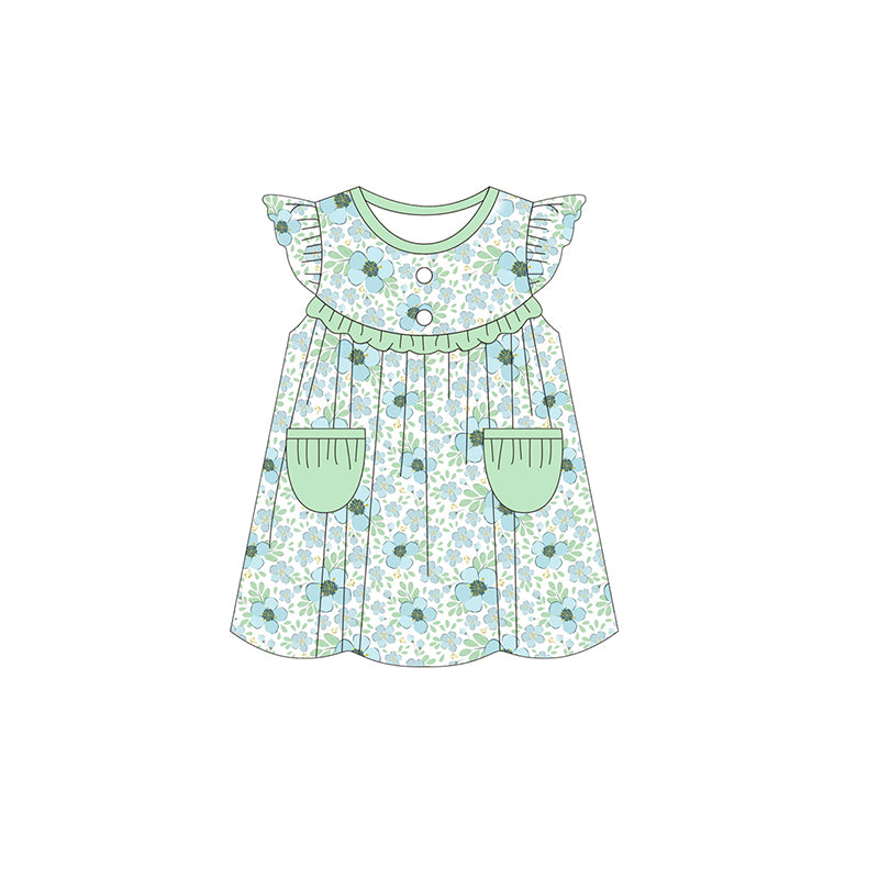 preorder GSD0908 blue flowers green pockets flutter sleeve girls dress