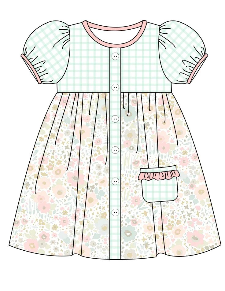 preorder GSD0936 Flowers pocket blue checkered short sleeve girls dress