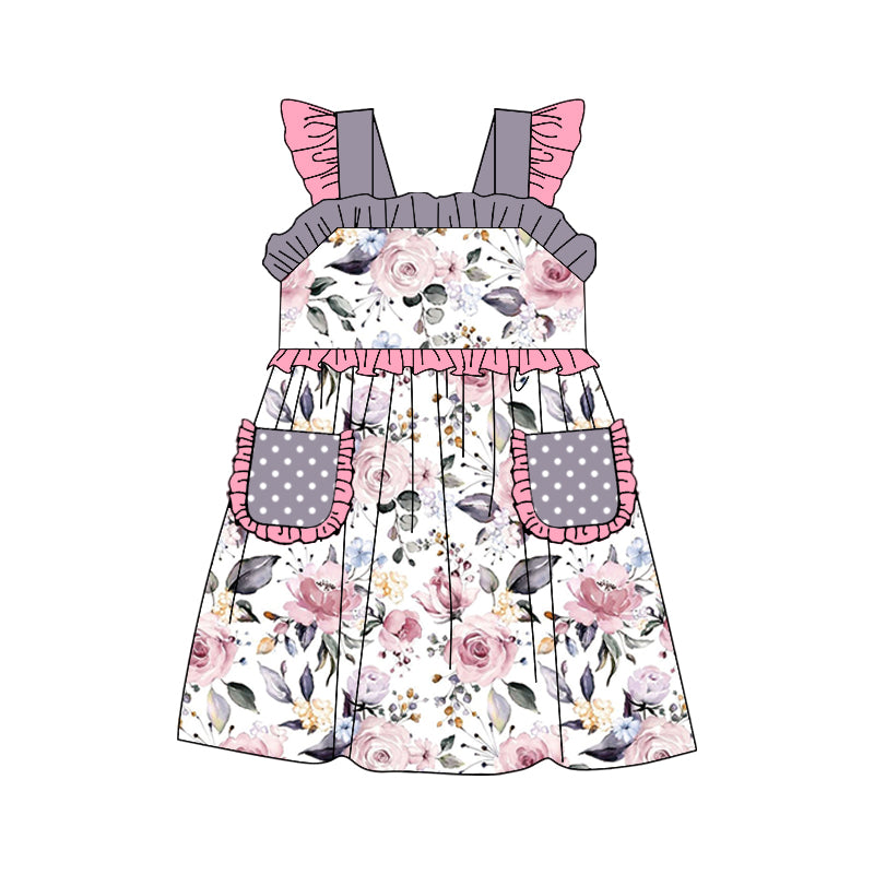 preorder GSD0939 Colorful flowers pockets grey flutter sleeve girls dress