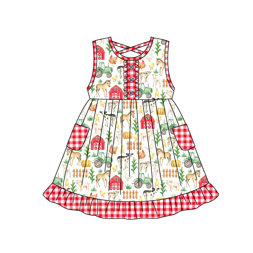 preorder GSD0973 farm house horse animals red checkered pockets sleeveless girls dress