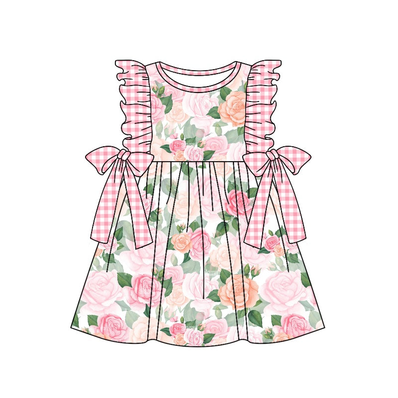 preorder GSD1002 pink flowers pink checkered flutter sleeve girls dress