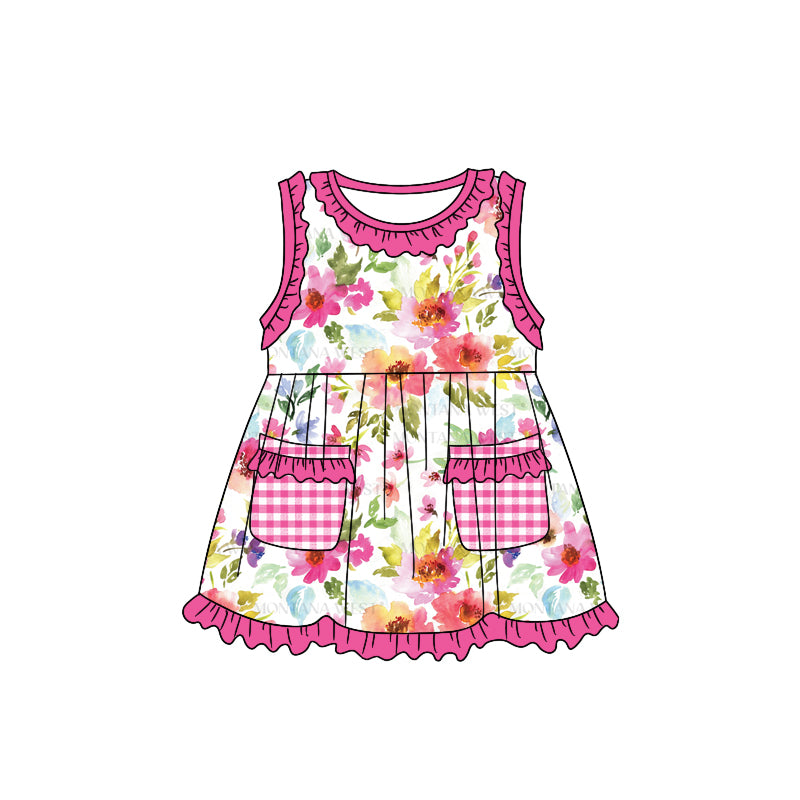 preorder GSD1005 multi colorful flowers pockets hot pink sleeveless girls dress