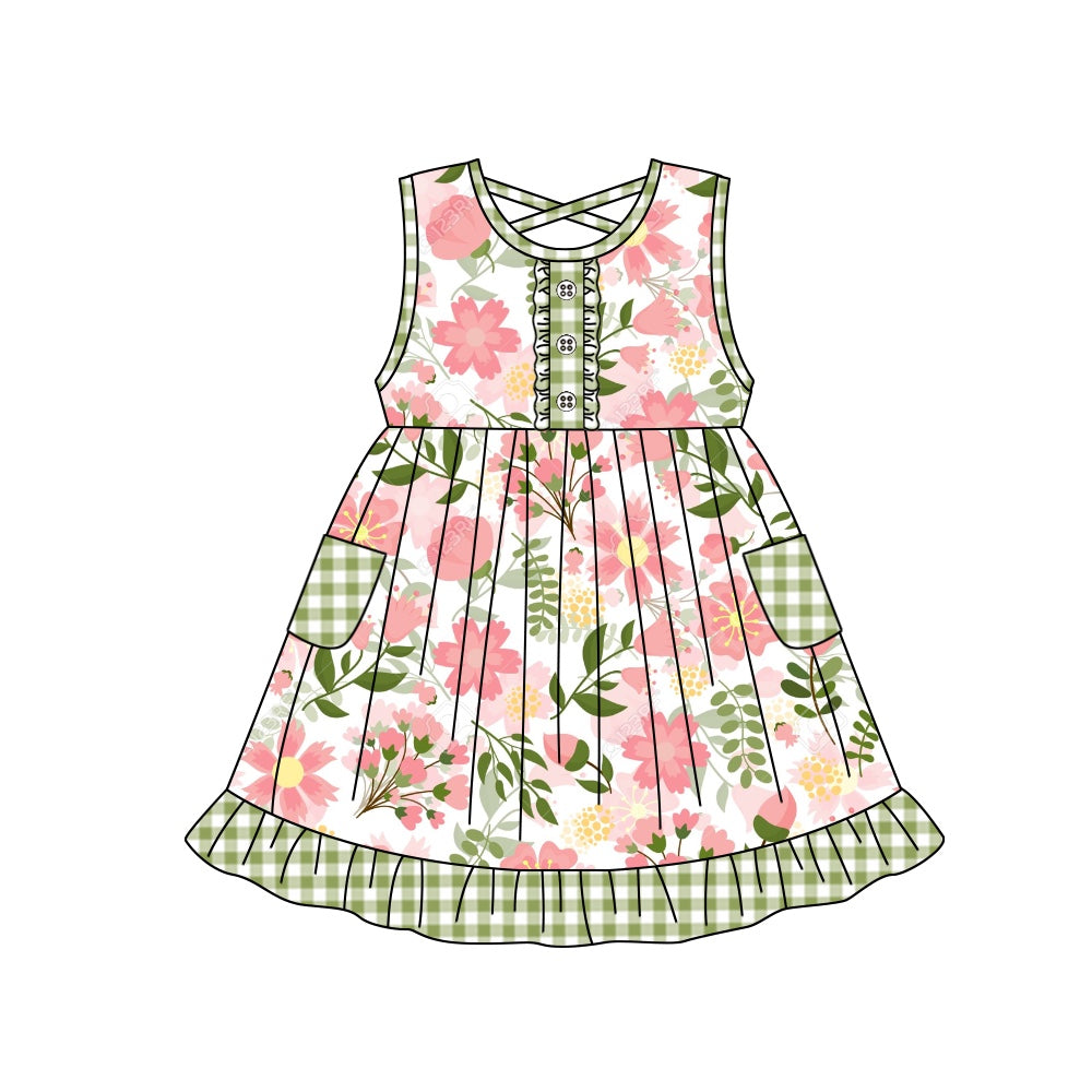preorder GSD1006 pink flowers green checkered sleeveless girls dress