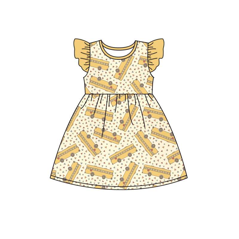 preorder GSD1039 back to school bus yellow flutter sleeve girls dress