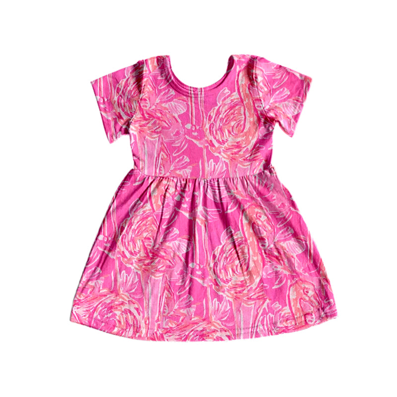 preorder GSD1116 flamingo pinkflowers short sleeve girls dress bright color