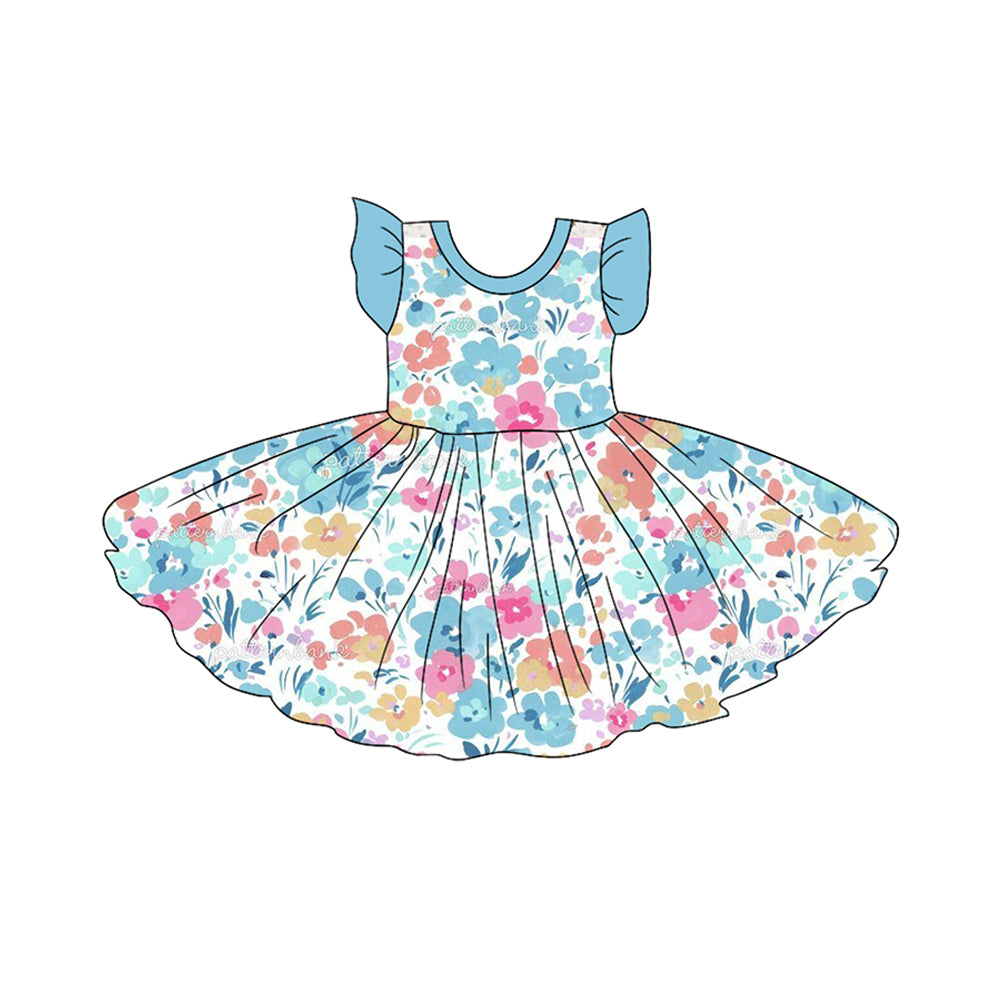preorder GSD1162 multi color flowers blue flutter sleeve girls dress Summer dress