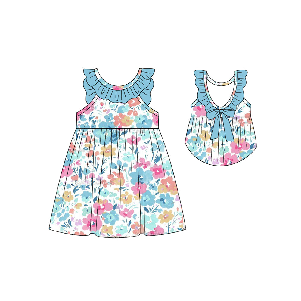 preorder GSD1163 multi color flowers blue ruffles girls dress Summer dress