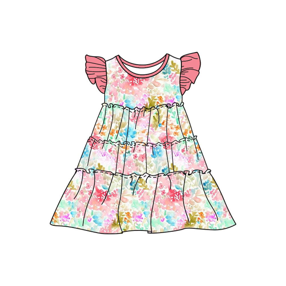 preorder GSD1178 multi color flowers watermelon red flutter sleeve girls dress