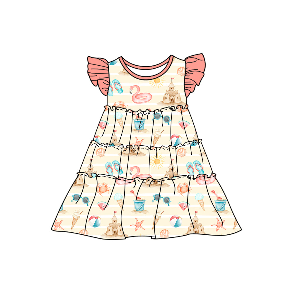 preorder GSD1232 sandbeach castle watermelon red flutter sleeve girls dress
