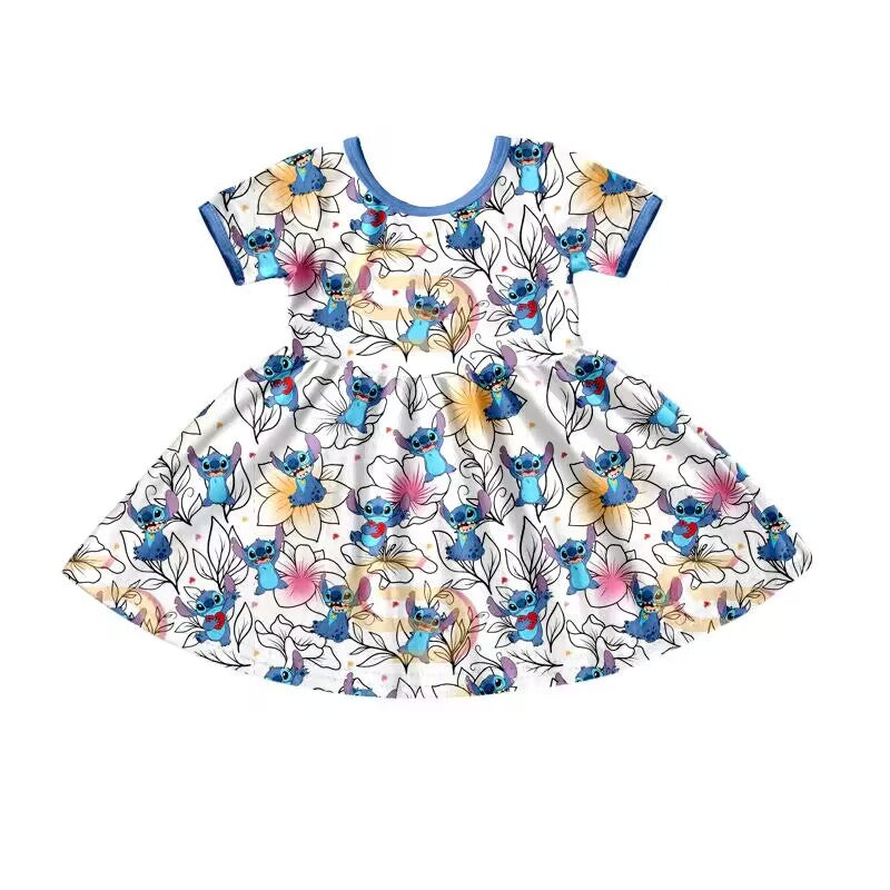 preorder GSD1237 cartoon animals blue short sleeve girls dress