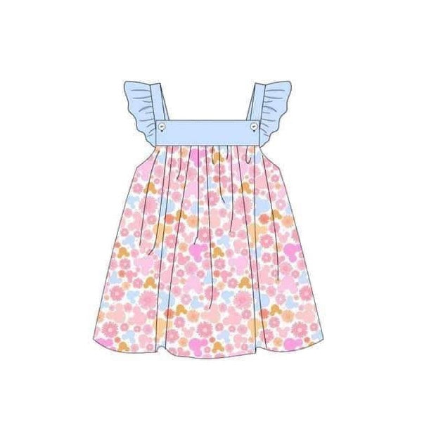preorder GSD1238 colorful flowers blue flutter sleeve girls floral dress