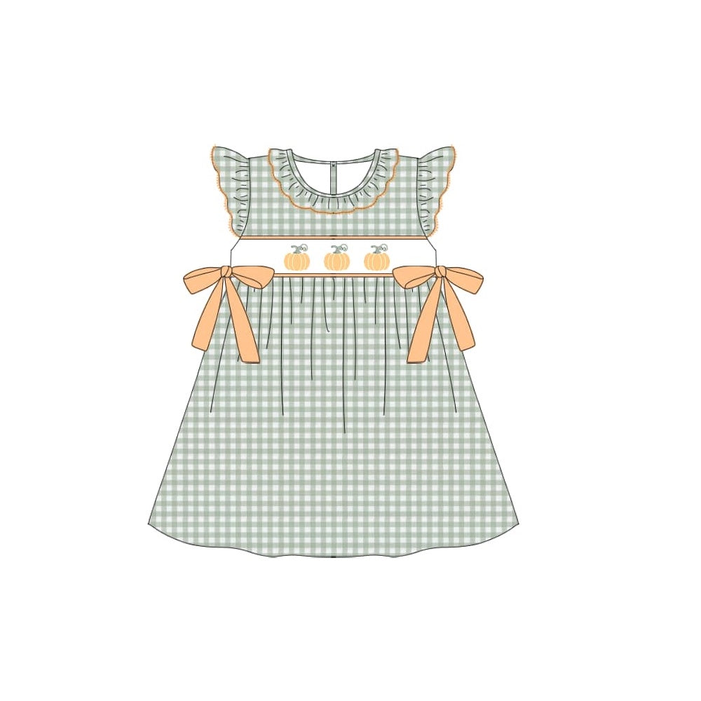 preorder GSD1256 Autumn pumpkin green checkered flutter sleeve girls dress