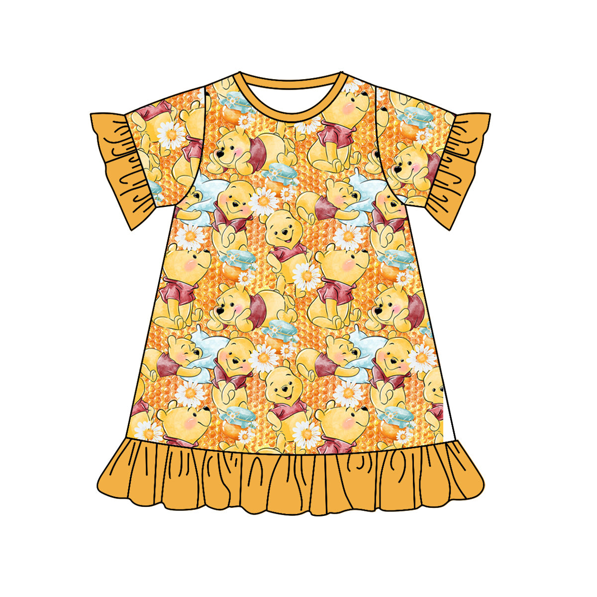 preorder GSD1276 cartoon cute bear flowers orange short sleeve girls dress