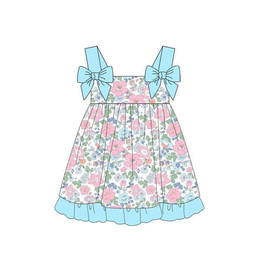 preorder GSD1277 colorful flowers sky blue bows girls floral dress