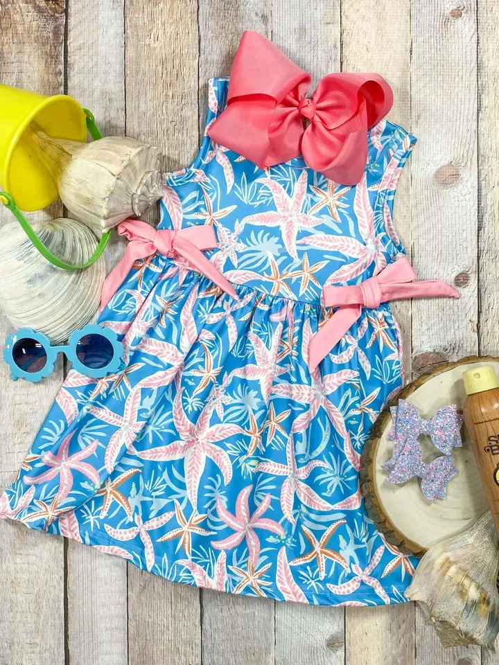 preorder GSD1279 Sea starfish flowers blue sleeveless girls dress