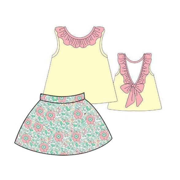 preorder GSD1288 yellow pink ruffles sleeveless flowers skirt girls set