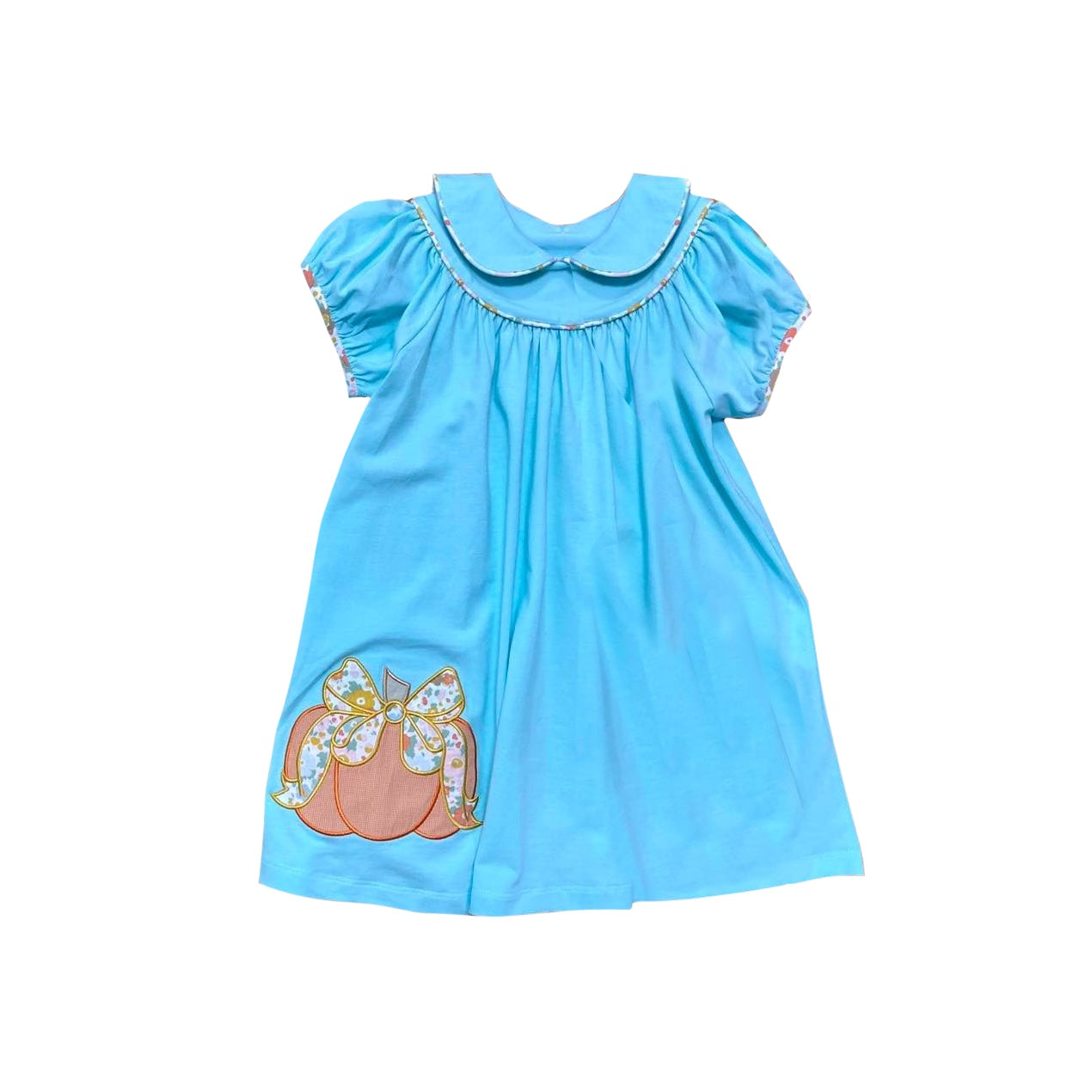 preorder GSD1298 Autumn pumpkin flowers blue short sleeve girls dress