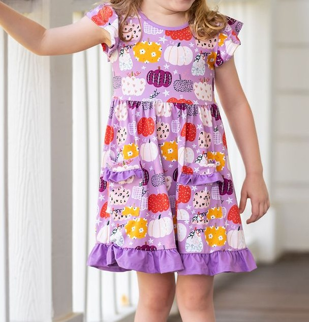 Preorder GSD1416 colorful pumpkin blue short sleeve girls dress