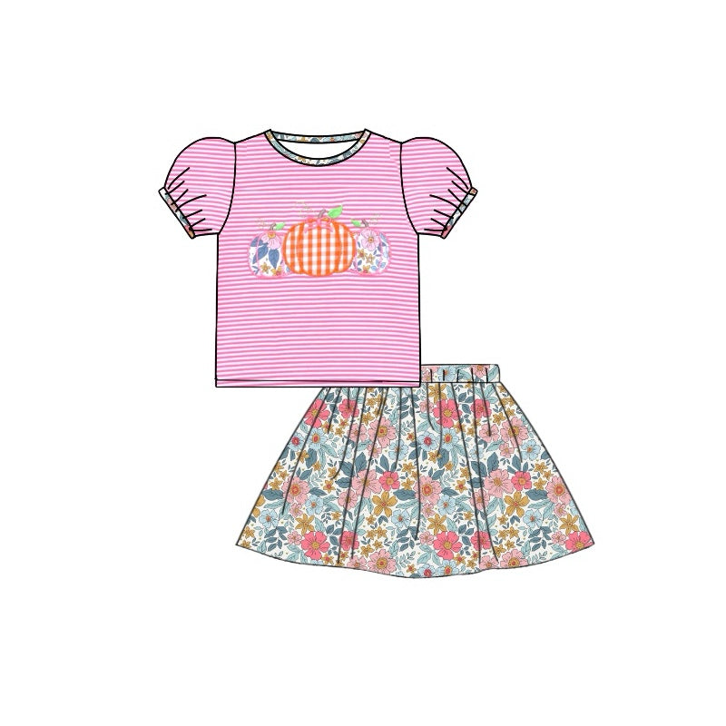 preorder GSD1419 Autumn pumpkin hot pink striped short sleeve colorful flowers skirt dress girls set