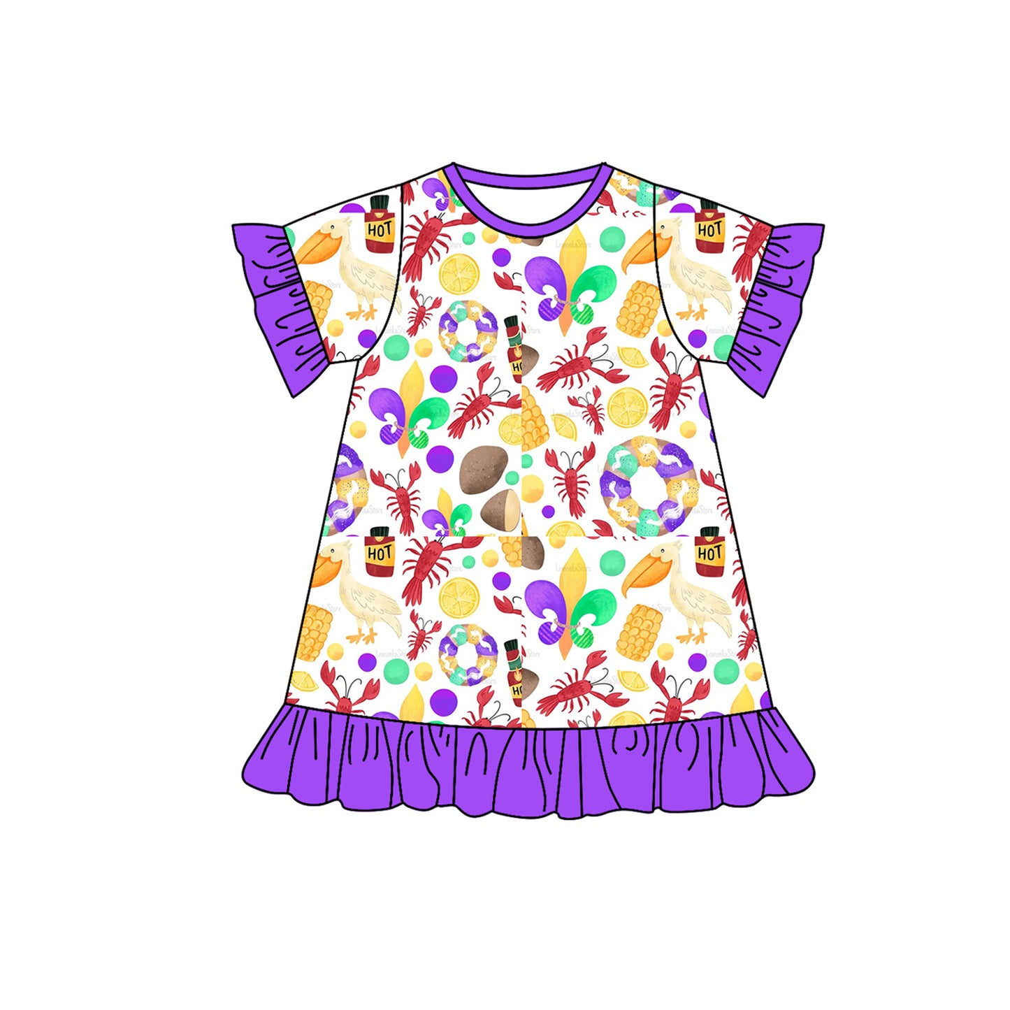 Preorder GSD1442 Mardi Gras crayfish donut corn purple short sleeve girls dress