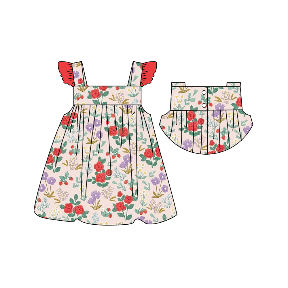 Preorder GSD1456 colorful flowers red flutter sleeve girls dress