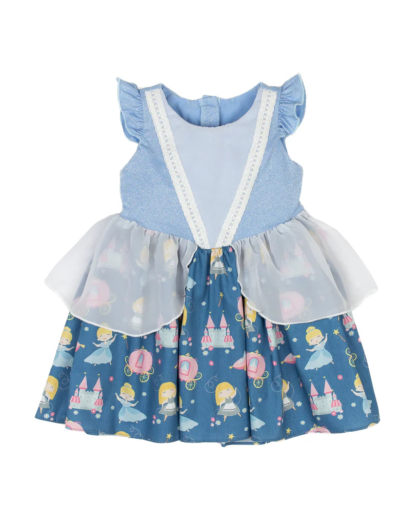 Preorder GSD1469 cartoon princess blue lace flutter sleeve girls dress