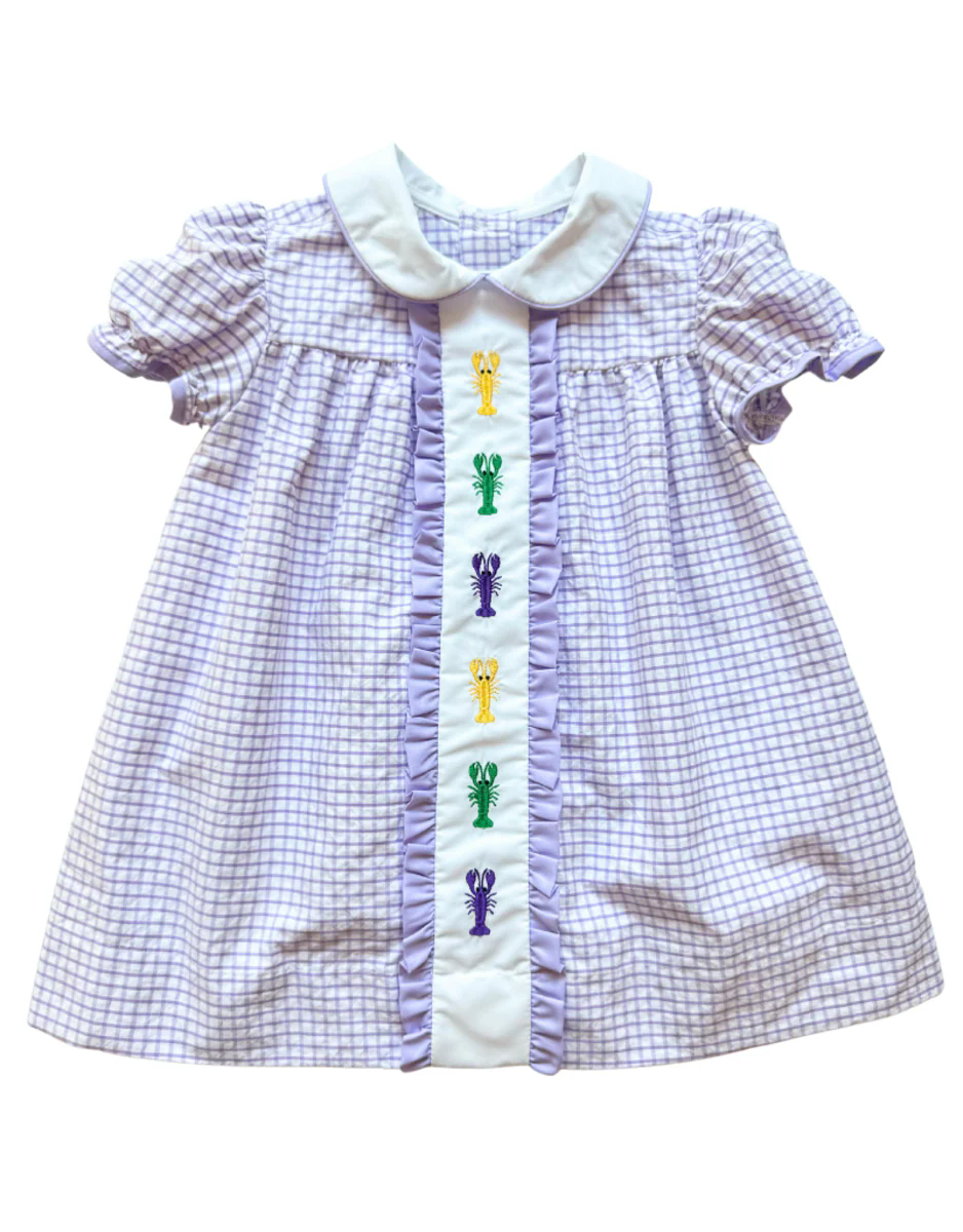 Preorder GSD1473 Mardi Gras crayfish purple checkered short sleeve girls dress