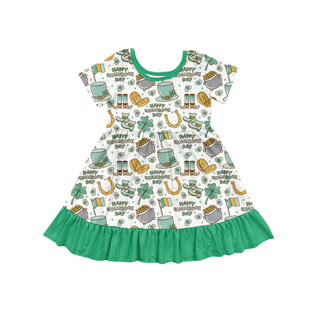 Preorder GSD1477 St Patrick happy shamrock day clover green short sleeve girls dress