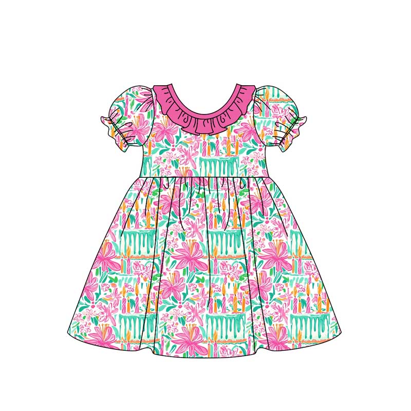 Preorder GSPO1779 hot pink green flowers short sleeve girls dress