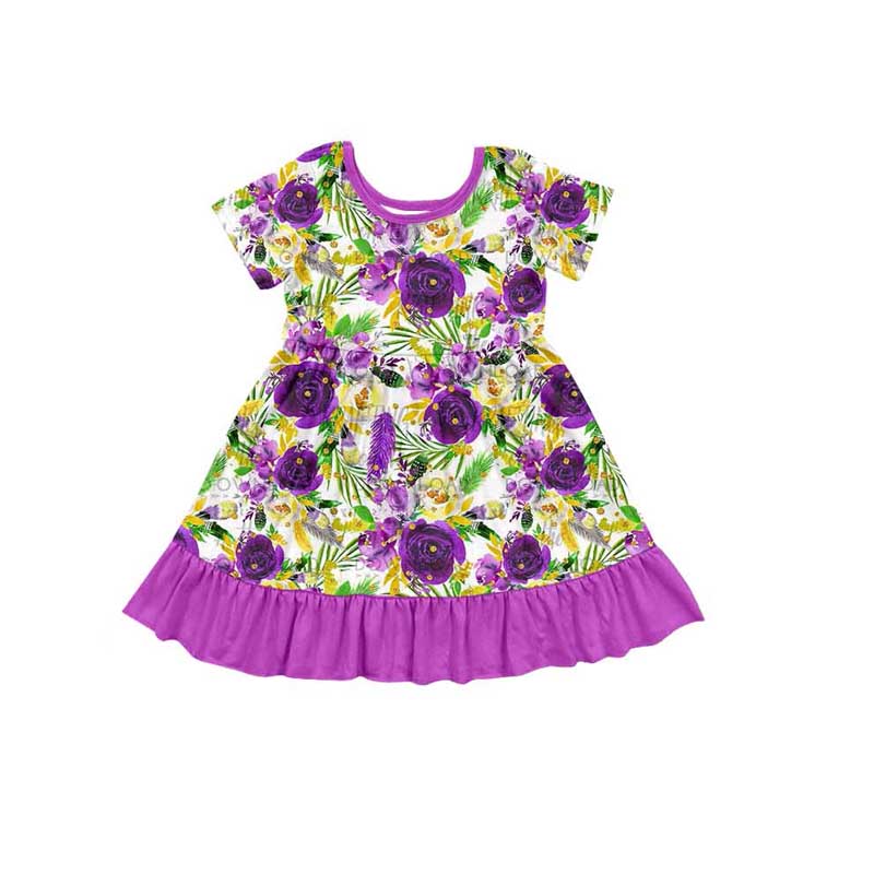 Preorder GSD1483 yellow purple flowers short sleeve girls dress