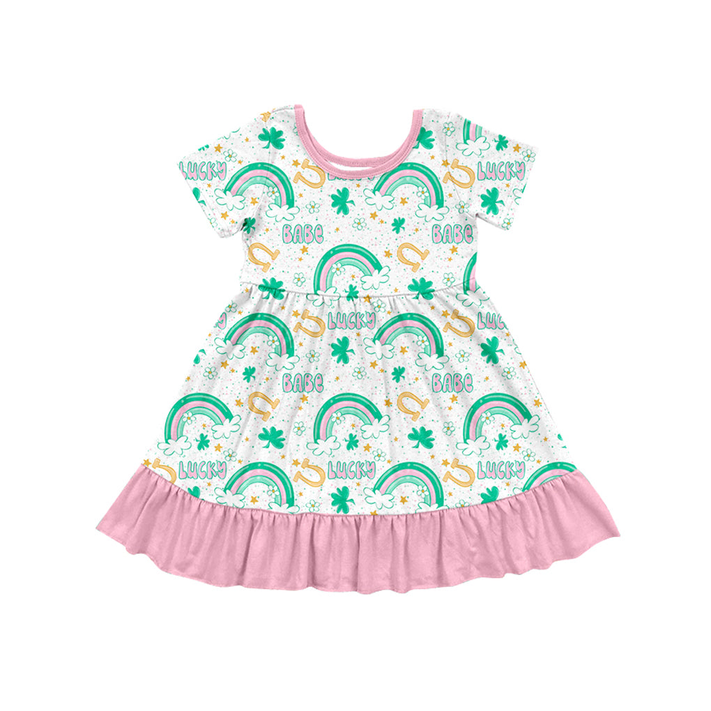 Preorder GSD1484 St Patrick lucky rainbow green pink short sleeve girls dress