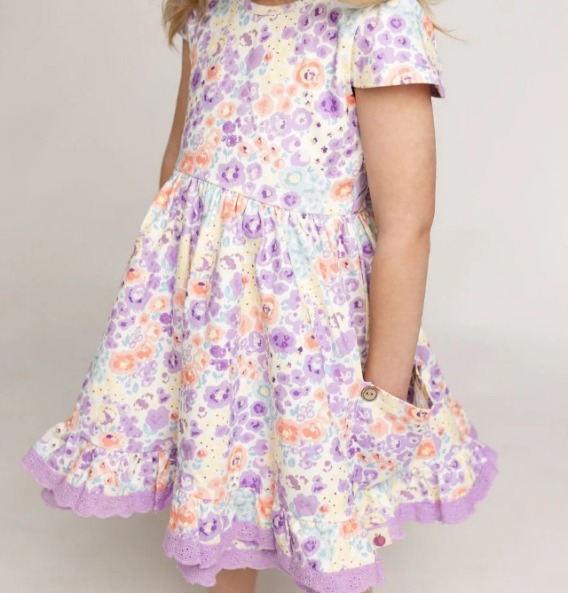 Preorder GSD1498 purple flowers pockets floral short sleeve girls dress