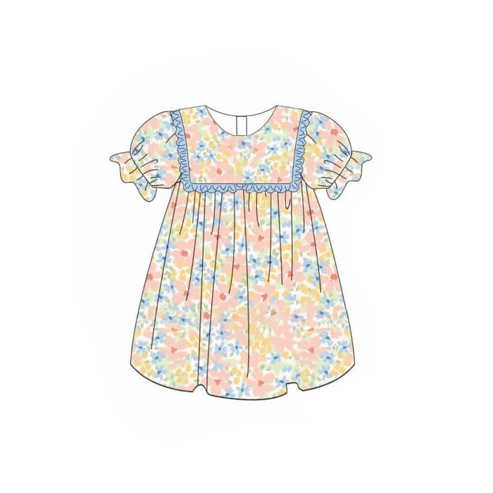 preorder GSD1523 colorful flowers blue ruffles short sleeve girls dress