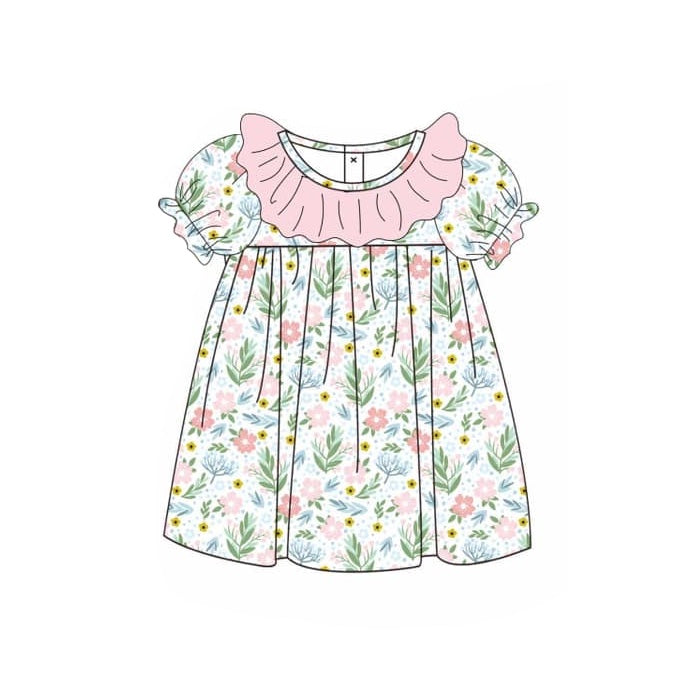Preorder GSD1524 colorful flowers pink short sleeve girls dress