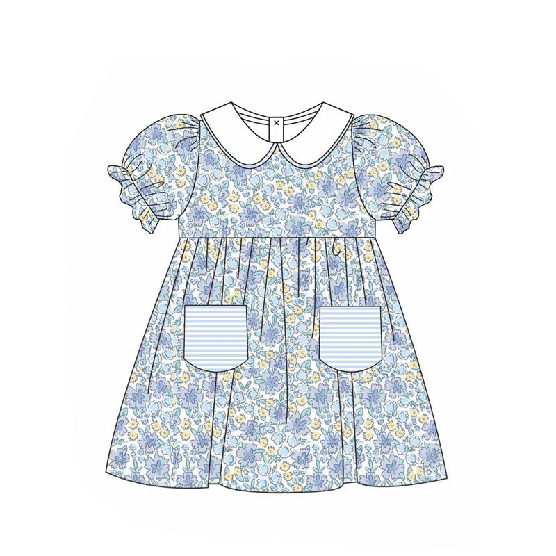 preorder GSD1526 colorful flowers blue pockets short sleeve girls dress